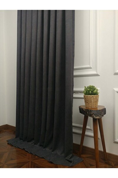 KN Tekstil Antrasit Gri Kadife Dokulu Fon Perde (sık Pile) Çift Kanat 100x260