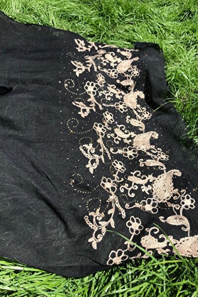 Bohemian Kadın Siyah Taş Işleme Ve Nakışlı Naturel Şal