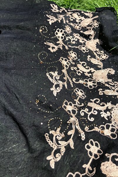 Bohemian Kadın Siyah Taş Işleme Ve Nakışlı Naturel Şal