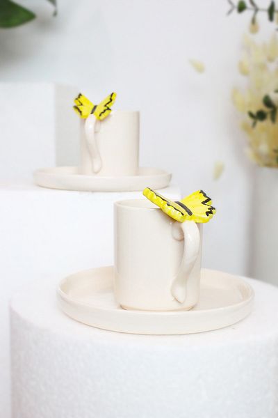 ada mia seramik 2-Piece Butterfly Figured Handmade Ceramic Cup Set 80ml