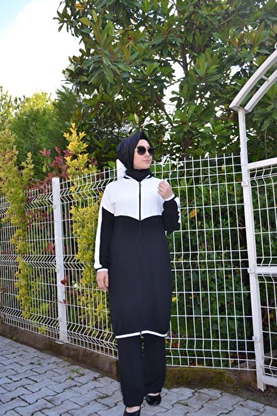 AYSUN AYDEMİR Ασπρόμαυρο Σετ Φούτερ Hijab με φερμουάρ