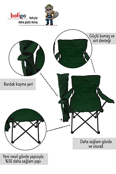 Bofigo 3'lü Kamp Sandalyesi Piknik Sandalyesi Katlanır Sandalye Taşıma Çantalı Kamp Sandalyesi Yeşil
