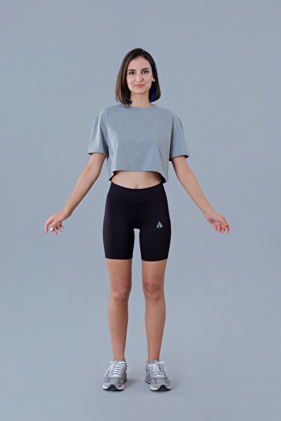 nosewear Kadın Baskılı Gri Melanj Crop T-shirt