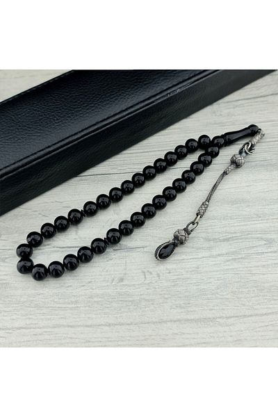 Tesbihsepetim Black Silver Tasseled Kazaz Rosary - Fire Amber