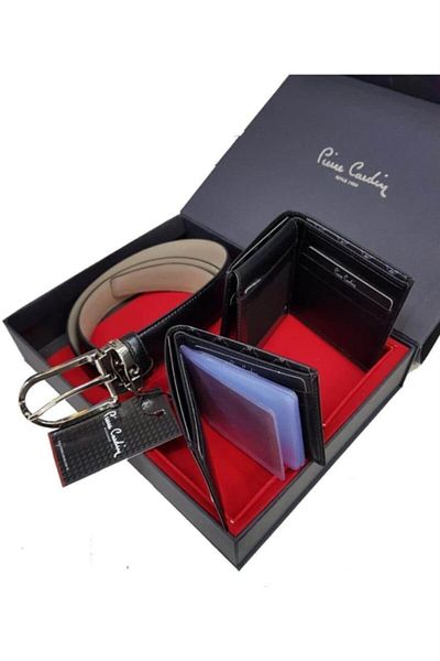 Pierre Cardin Men's Leather Wallet Belt Card Holder Set In Box
