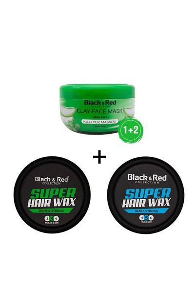 Black Red Clay Mask Aloe Vera 400 Gr and 2 Pieces Wax Shiny Hard Ultra Hard
