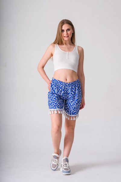 İna Ethnic Style Elastic Waist Short Shorts Made of Cotton Viscose Fabric