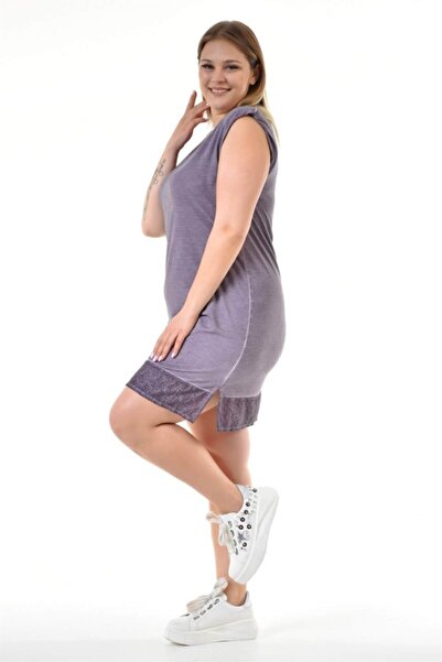 Seamoda Vatkalı Etek Ucu Dantel Detaylı Büyük Beden Kadın Rahat Elbise-açık Mor