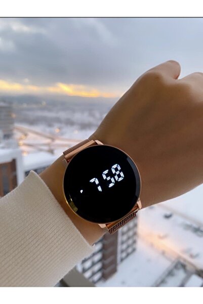 ÇENÇEN Unisex Rose Gold Çelik Hasır Kordon Mıknatıslı Dijital Led Dokunmatik Kol Saati