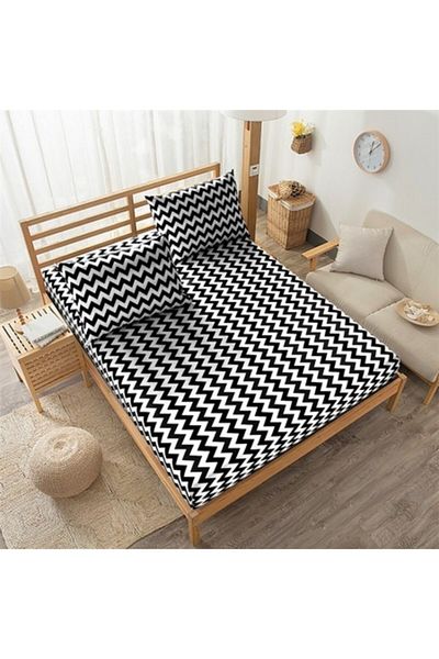 mer-tim ezberbozan ev tekstili Σετ σεντόνια Mer-tim Double 160x200 - Μαύρο-άσπρο Ζιγκ-ζαγκ σχέδιο