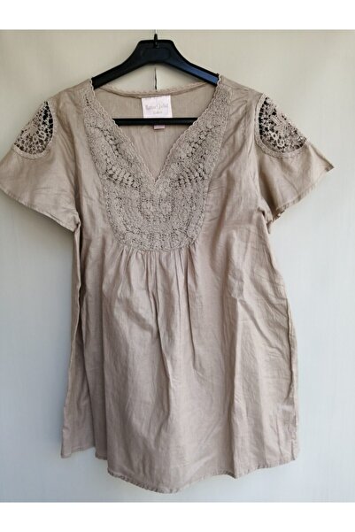 Butik Tülin Otantik Pamuk Taş Rengi Iplik Nakışlı Bluz