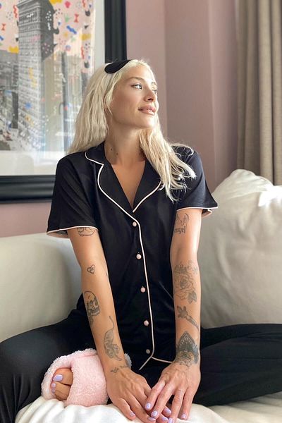 Huq Moda Pijama alb-negru - Set de pijama pentru femei din bumbac Lycra, mânecă scurtă
