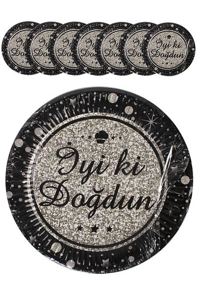 Kına Atölyesi Birthday Hapy Brithday Plate Black Silver 8 Pieces Silver