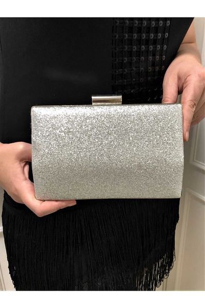 womenacs Ασημί Ασημί Χρώμα Βραδινό Φόρεμα Portfolio Clutch Γυναικεία Τσάντα με Χέρια και Μακρύ λουράκι