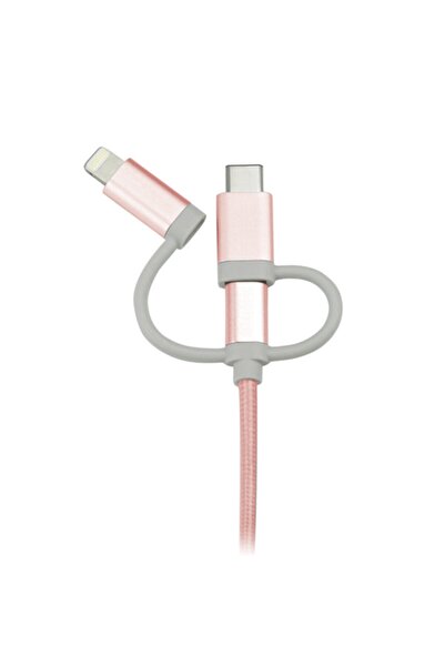 WMATE 3in1 1 Mt Iphone Type-c Micro Usb Örgü Şarj Kablosu Pembe