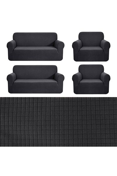 Nusret Flexible Elastic Square Patterned Sofa Bed and Kotuk Set - (3+3+1+1) Anthracite Sofa Cover