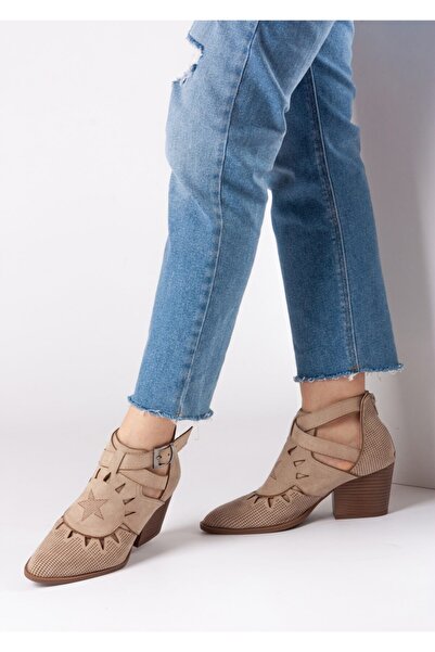 Bej Ayakkabı Women's Beige Laser Star Pattern Buckle Adjustable Back Zipper Shoes