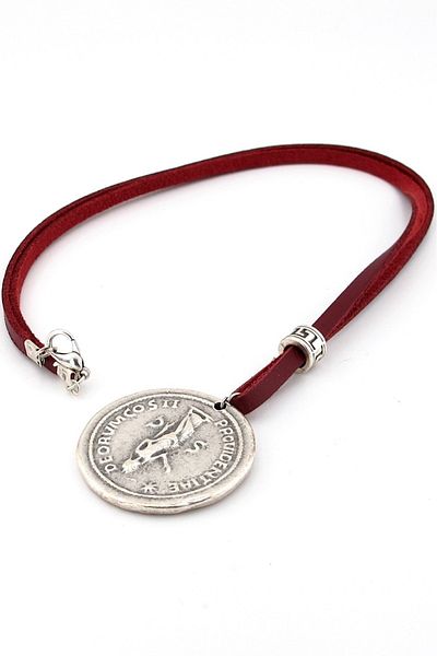 Solfera Dionysos Greek Coin Metal Burgundy Leather Men Necklace Q0386