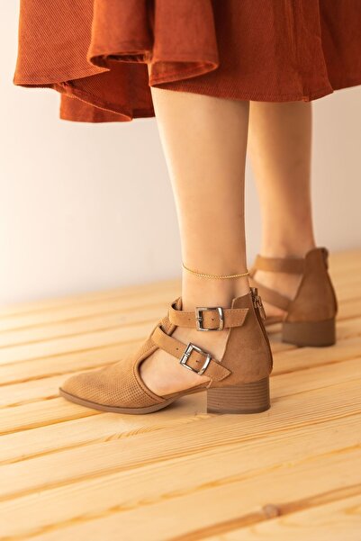 Bej Ayakkabı Moli Women's Laser Cut Double Buckle Camel Color Shoes with Back Zipper
