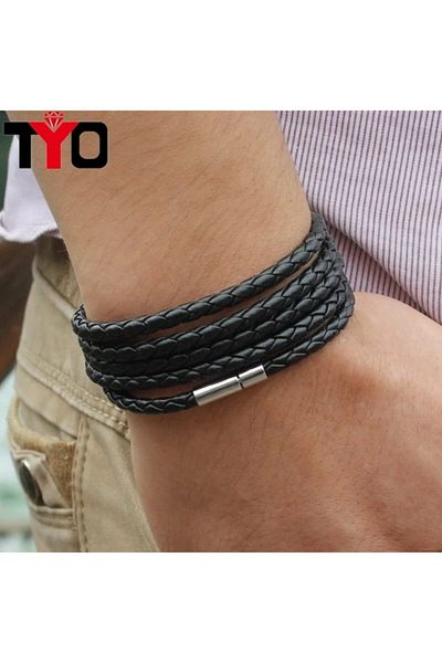 Gogoey Men's Leather Bracelet Black Knitted Long Stylish Design Wrapped 5,tour