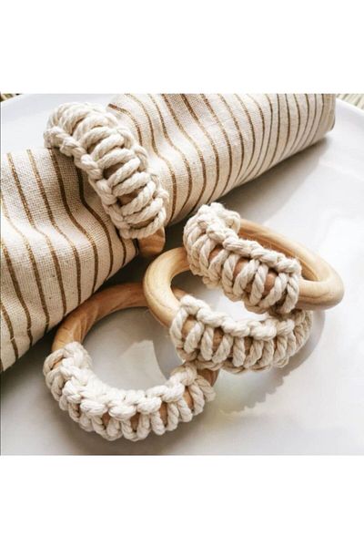 Emtory Home Ξύλινο δαχτυλίδι χαρτοπετσέτας με 6 διακοσμητικά δαχτυλίδια μακραμέ