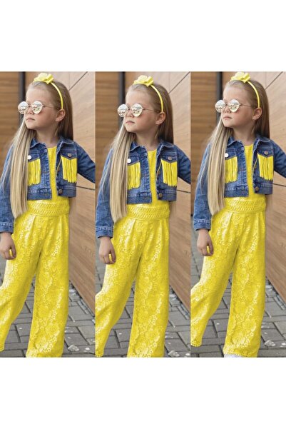 Quzucuk Kids Kız Çocuk Püskül Ceketli Sarı Tulum Takımı