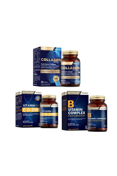 Nutraxin Hydrolyzed Collagen Hyaluronic Acid 30 Tablets + Vitamin Max(c,d,Zinc)60 Tablets + Vitamin B 60 Tablets