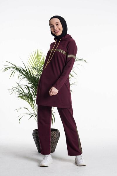 CNG MODA Women's Dark Claret Red Hooded Glitter Stripe Tracksuit Set