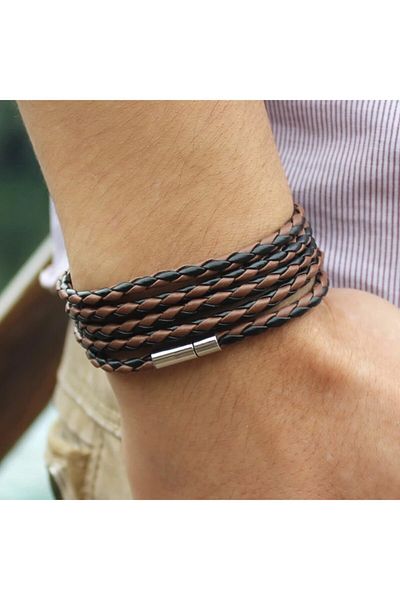 Gogoey Men's Bracelet Genuine Leather Black Knitted Long Wrap