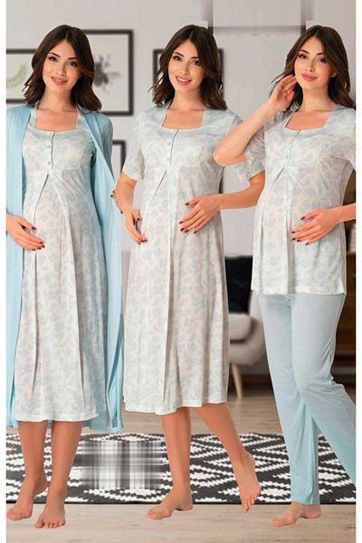 Effortt Women's Blue Maternity Nightgown Dressing Gown Pajamas Set of 4