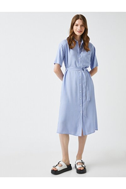 Koton Rochie cu dungi BLUE STRIPED pentru femei, cu guler de cămașă cu mânecă scurtă