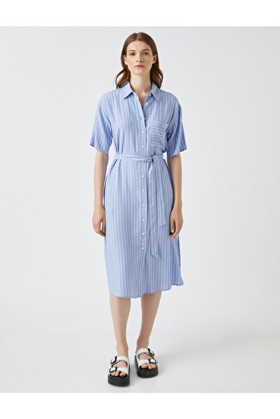Koton Rochie cu dungi BLUE STRIPED pentru femei, cu guler de cămașă cu mânecă scurtă