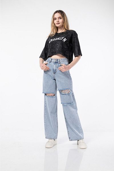 Trn JNS Pantaloni largi S.o.l.m.a.z Blue Snow Wash cu talie super înaltă. (Super High) Picior lat