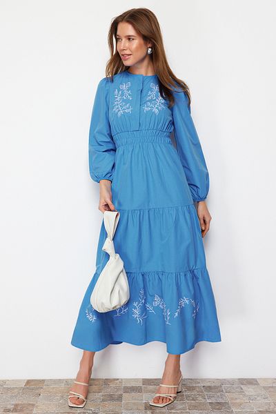 Trendyol Modest Μπλε Κέντημα Λεπτομερές Υφαντό Φόρεμα TCTSS24EB00138