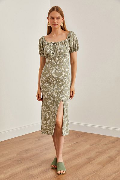 Olalook Φόρεμα Khaki Midi - Floral print, κορδόνια και σκίσιμο ELB-19002186
