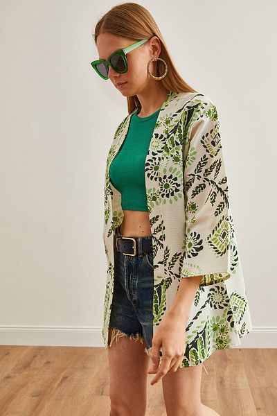Olalook Grüner lässig gewebter Damen-Kimono - Ring KMN-00000049
