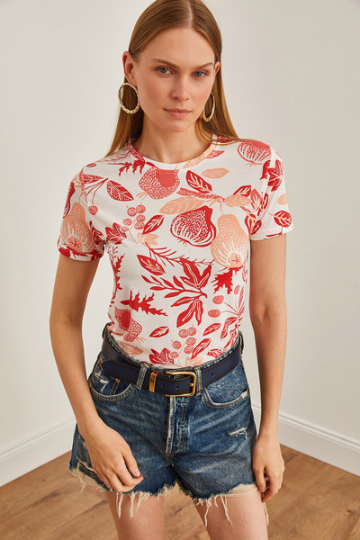 Olalook Korallkék virágmintás női póló - TSH-19000161