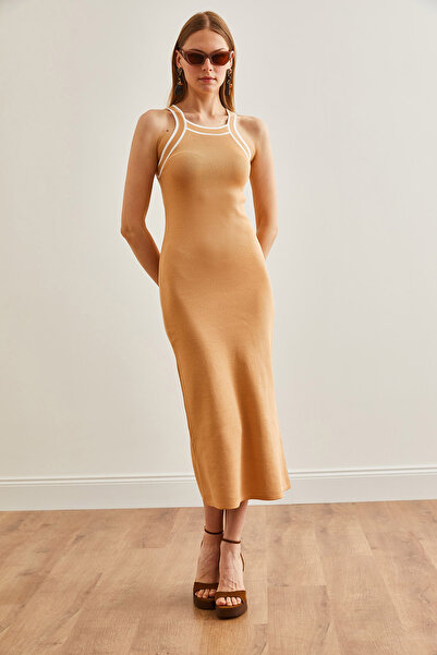 Olalook Beige Maxi Knitwear Dress - Halter Collar, ELB-19002070