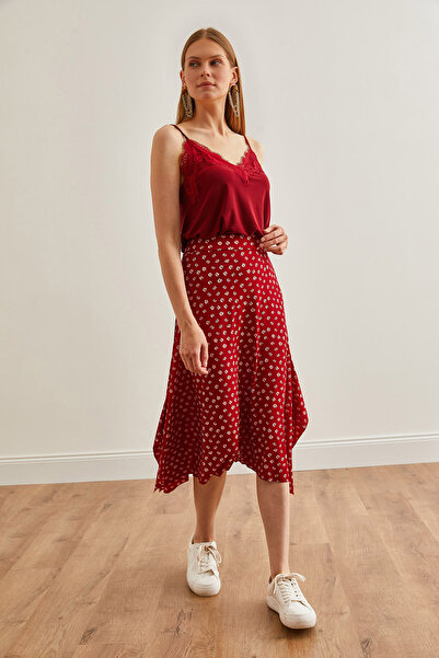 Olalook Red Asymmetric Patterned Little Flower Women's Skirt - ETK-19000122