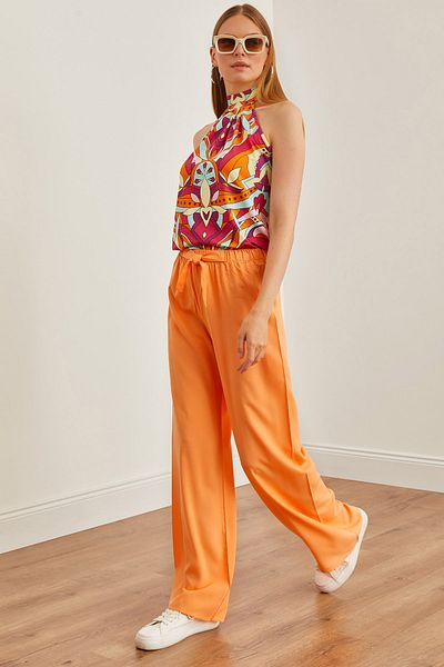 Olalook Melonengemusterte Viskose-Palazzohose für Damen mit Gürtel - PNT-19000169