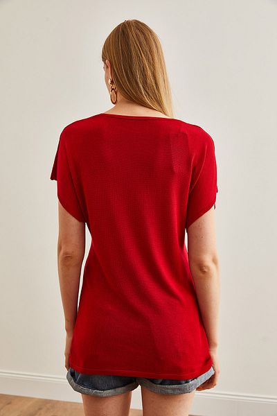 Olalook Red V-Neck Knitwear Basic Blouse - Flowy Design BLZ-19002663