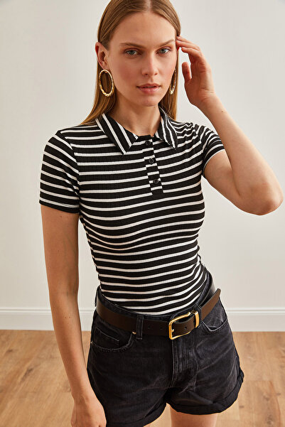 Olalook Μαύρη μπλούζα Polo λαιμόκοψη Lycra - Χοντρό ριγέ, με κουμπιά BLZ-19002558