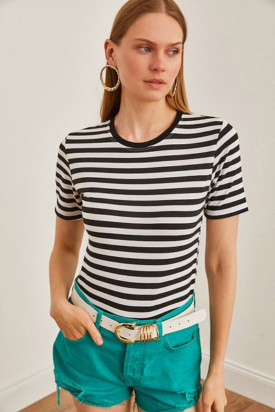 Olalook Black Flexible Striped Crop T-Shirt - Crew Neck TSH-19000823