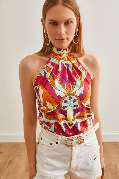Olalook Colorful Halter Neck Women's Blouse - Buttoned, Flowy BLZ-19002673