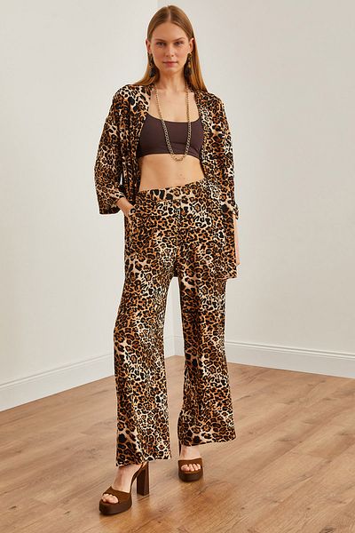 Olalook Leopard Patterned Black Kimono and Palazzo Trousers Set - Pocketed TKM-19000293