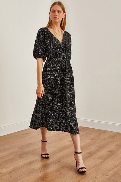 Olalook Damen-Midikleid mit gepunkteter schwarzer Taille und zweireihigem Ausschnitt ELB- 19002100