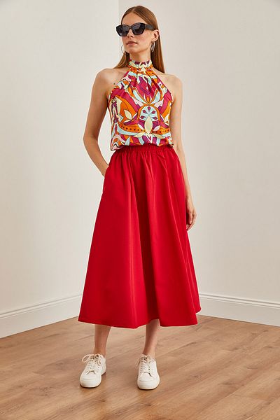 Olalook Roter Midi-Glockenrock aus gewebtem Stoff - ETK mit Taschen und elastischer Taille19000271