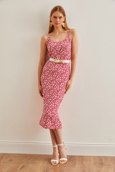 Olalook Ροζ Floral Print Midi Γυναικείο Φόρεμα - Σχοινάκι και σκίσιμο στο πλάι ELB-19002182
