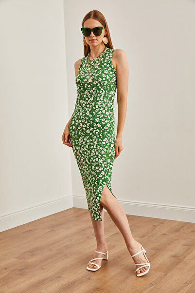 Olalook Kadın Çiçek Çimen Bisiklet Yaka Yırtmaçlı Örme Midi Elbise ELB-19002183