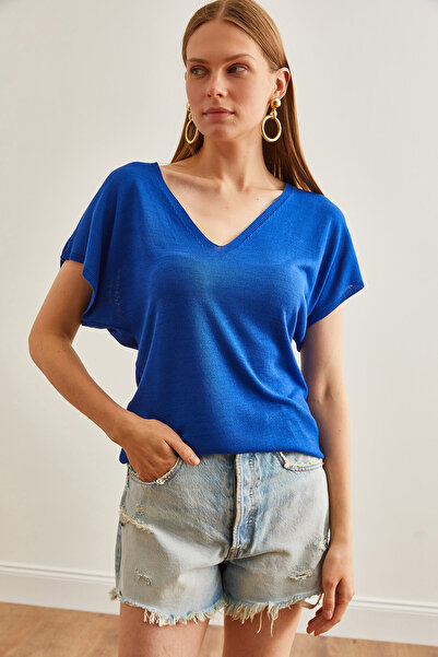 Olalook Dámská pletená halenka Saks Blue s výstřihem do V – BLZ-19002663